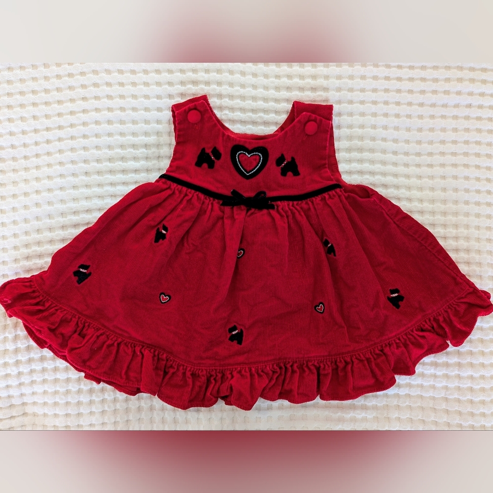 Red Corduroy Scottie Dogs Hearts Bow Ruffle Velvet Dress Size 9M Valentine's Day